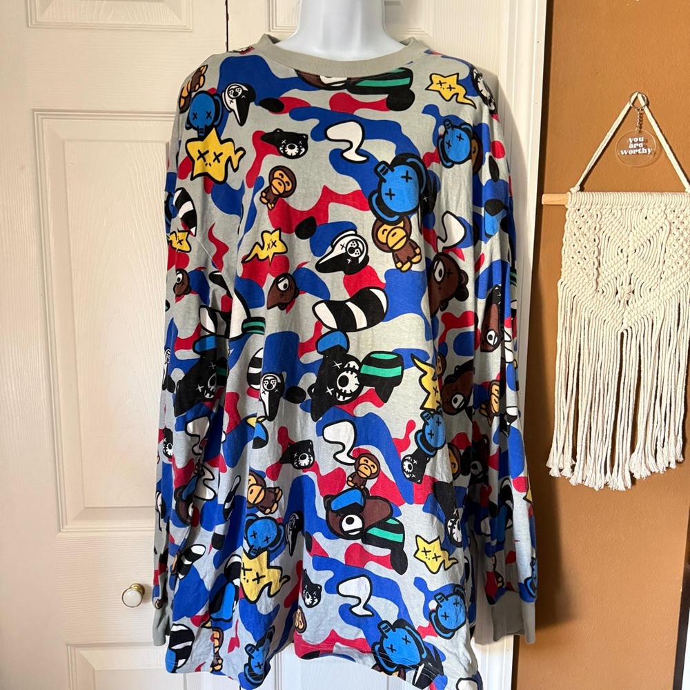 Liquid Blue Vintage Bathing Ape BAPE Multicolor Cartoon Camo Longsleeve Tee / 3X